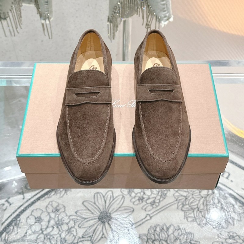 Loro Piana loafer FAO9641_H026 in chocolate brown suede, single side view, hand-stitched Italian slip-on shoe
