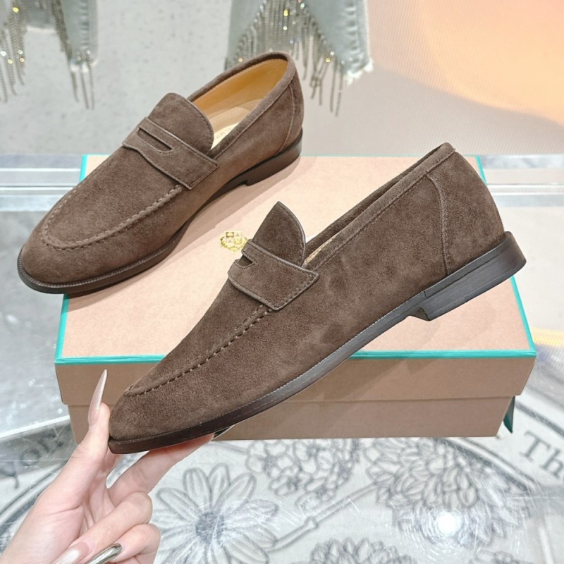 Loro Piana loafer FAO9641_H026 in chocolate brown suede, single side view, hand-stitched Italian slip-on shoe