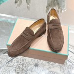 Loro Piana loafer FAO9641_H026 in chocolate brown suede, single side view, hand-stitched Italian slip-on shoe
