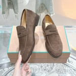 Loro Piana loafer FAO9641_H026 in chocolate brown suede, single side view, hand-stitched Italian slip-on shoe