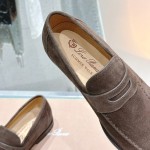 Loro Piana loafer FAO9641_H026 in chocolate brown suede, single side view, hand-stitched Italian slip-on shoe