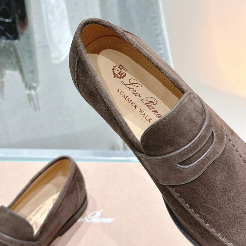 Loro Piana loafer FAO9641_H026 in chocolate brown suede, single side view, hand-stitched Italian slip-on shoe