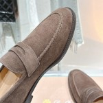 Loro Piana loafer FAO9641_H026 in chocolate brown suede, single side view, hand-stitched Italian slip-on shoe