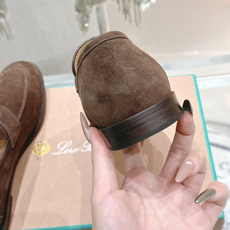 Loro Piana loafer FAO9641_H026 in chocolate brown suede, single side view, hand-stitched Italian slip-on shoe