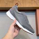 Loro Piana Modular Walk Sneaker FAL6187 in grey taupe leather and suede with a chunky sculpted sole, single side view