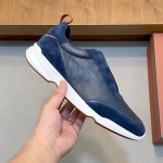 Loro Piana Modular Walk Sneaker FAL6187 in navy blue leather and suede with a chunky sculpted sole, single side view