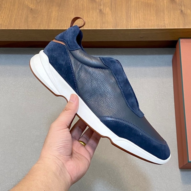 Loro Piana Modular Walk Sneaker FAL6187 in navy blue leather and suede with a chunky sculpted sole, single side view