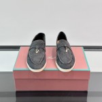 Loro Piana Summer Charms Walk Loafer FAL5899 in charcoal grey suede with mini My Charms on the front saddle, pair side view