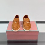 Loro Piana Summer Charms Walk Loafer FAL5899 in cognac suede with mini My Charms on the front saddle, pair side view