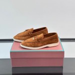 Loro Piana Summer Charms Walk Loafer FAL5899 in cognac suede with mini My Charms on the front saddle, pair side view