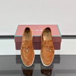 Loro Piana Summer Charms Walk Loafer FAL5899 in cognac suede with mini My Charms on the front saddle, pair side view