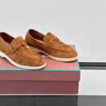 Loro Piana Summer Charms Walk Loafer FAL5899 in cognac suede with mini My Charms on the front saddle, pair side view