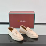 Loro Piana Summer Charms Walk Loafer FAL5899 in cream suede with mini My Charms on the front saddle, pair side view
