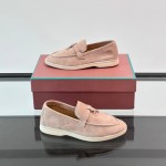 Loro Piana Summer Charms Walk Loafer FAL5899 in dusty rose suede with mini My Charms on the front saddle, pair side view