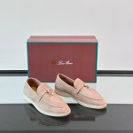 Loro Piana Summer Charms Walk Loafer FAL5899 in dusty rose suede with mini My Charms on the front saddle, pair side view