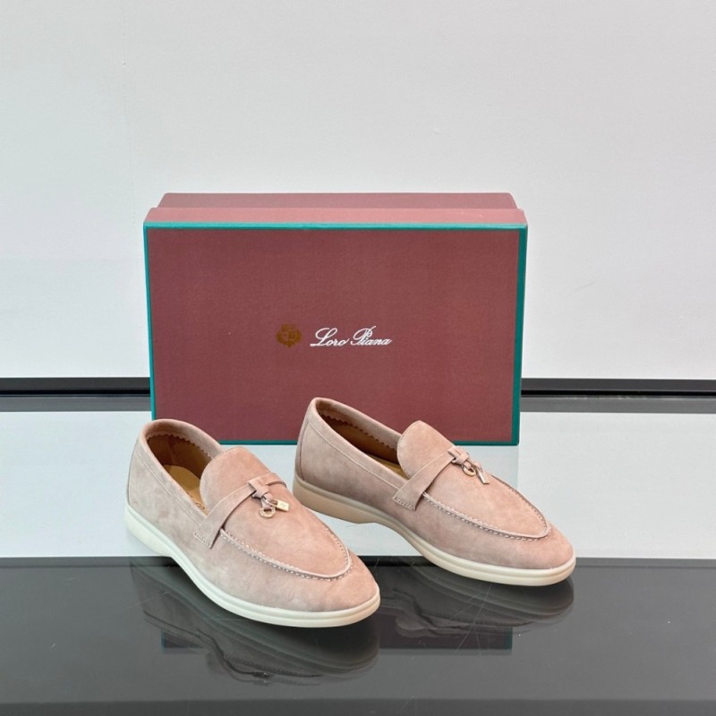 Loro Piana Summer Charms Walk Loafer FAL5899 in dusty rose suede with mini My Charms on the front saddle, pair side view