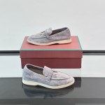Loro Piana Summer Charms Walk Loafer FAL5899 in ice blue suede with mini My Charms on the front saddle, pair side view