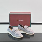 Loro Piana Summer Charms Walk Loafer FAL5899 in ice blue suede with mini My Charms on the front saddle, pair side view