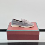 Loro Piana Summer Charms Walk Loafer FAL5899 in ice blue suede with mini My Charms on the front saddle, pair side view