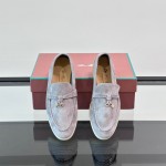 Loro Piana Summer Charms Walk Loafer FAL5899 in ice blue suede with mini My Charms on the front saddle, pair side view