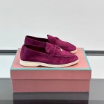 Loro Piana Summer Charms Walk Loafer FAL5899 in magenta suede with mini My Charms on the front saddle, pair side view