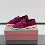 Loro Piana Summer Charms Walk Loafer FAL5899 in magenta suede with mini My Charms on the front saddle, pair side view