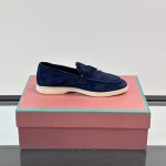 Loro Piana Summer Charms Walk Loafer FAL5899 in navy blue suede with mini My Charms on the front saddle, pair side view