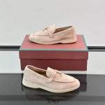 Loro Piana Summer Charms Walk Loafer FAL5899 in pale pink suede with mini My Charms on the front saddle, pair side view