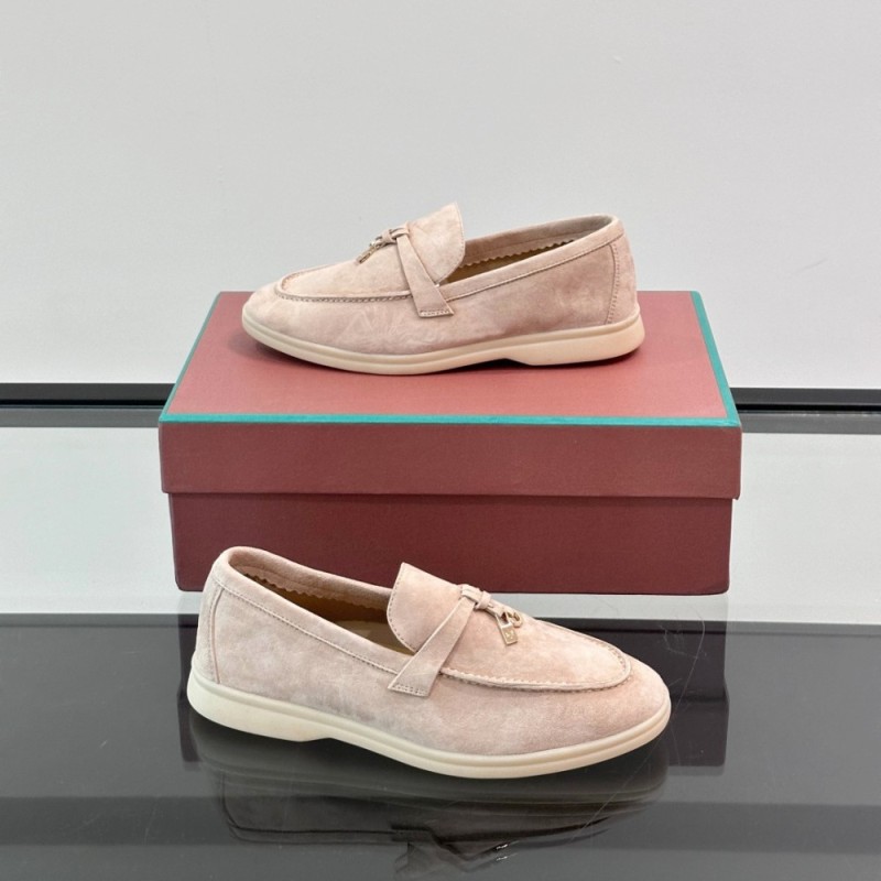Loro Piana Summer Charms Walk Loafer FAL5899 in pale pink suede with mini My Charms on the front saddle, pair side view