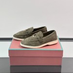 Loro Piana Summer Charms Walk Loafer FAL5899 in sage green suede with mini My Charms on the front saddle, pair side view