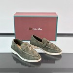 Loro Piana Summer Charms Walk Loafer FAL5899 in sage green suede with mini My Charms on the front saddle, pair side view