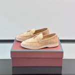 Loro Piana Summer Charms Walk Loafer FAL5899 in sand beige suede with mini My Charms on the front saddle, pair side view
