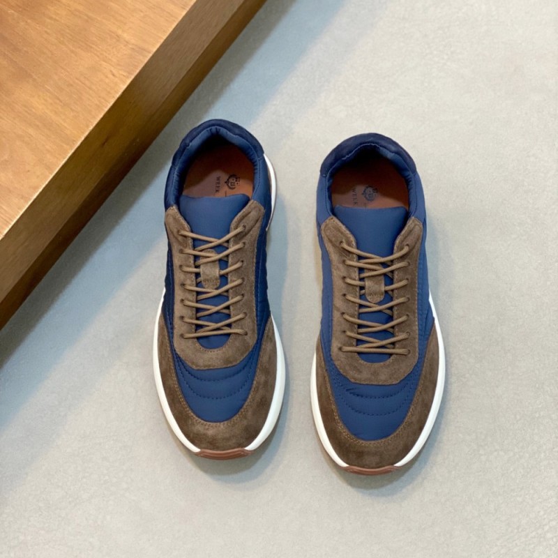 Loro Piana Week End Walk Sneaker FAP9780 in blue and brown suede with Wind microfibre and Storm System, single side view