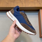 Loro Piana Week End Walk Sneaker FAP9780 in blue and brown suede with Wind microfibre and Storm System, single side view